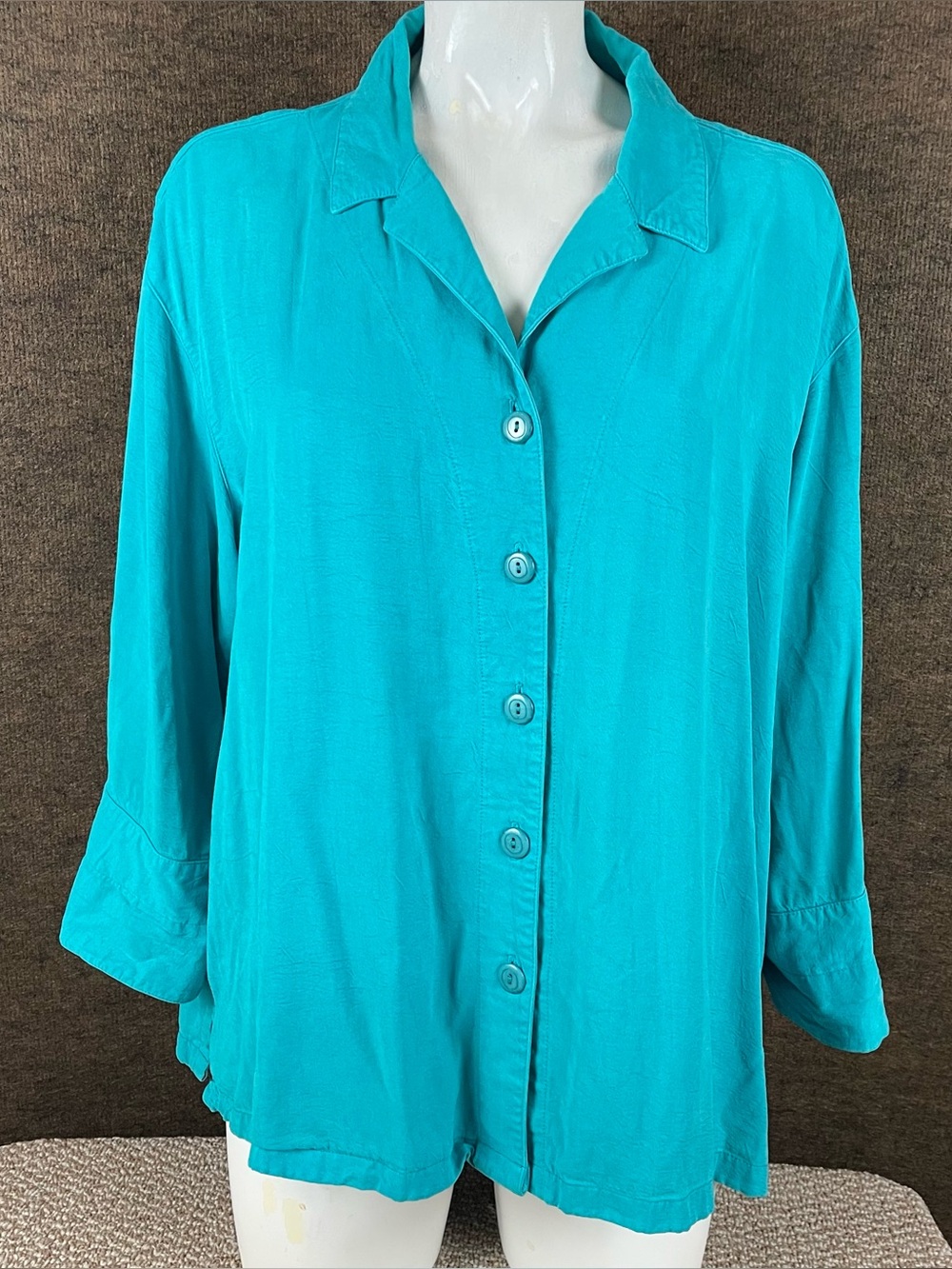 Tianello Aida Blouse L Turquoise Tencel Rayon Button Front 3/4 Sleeve USA 330